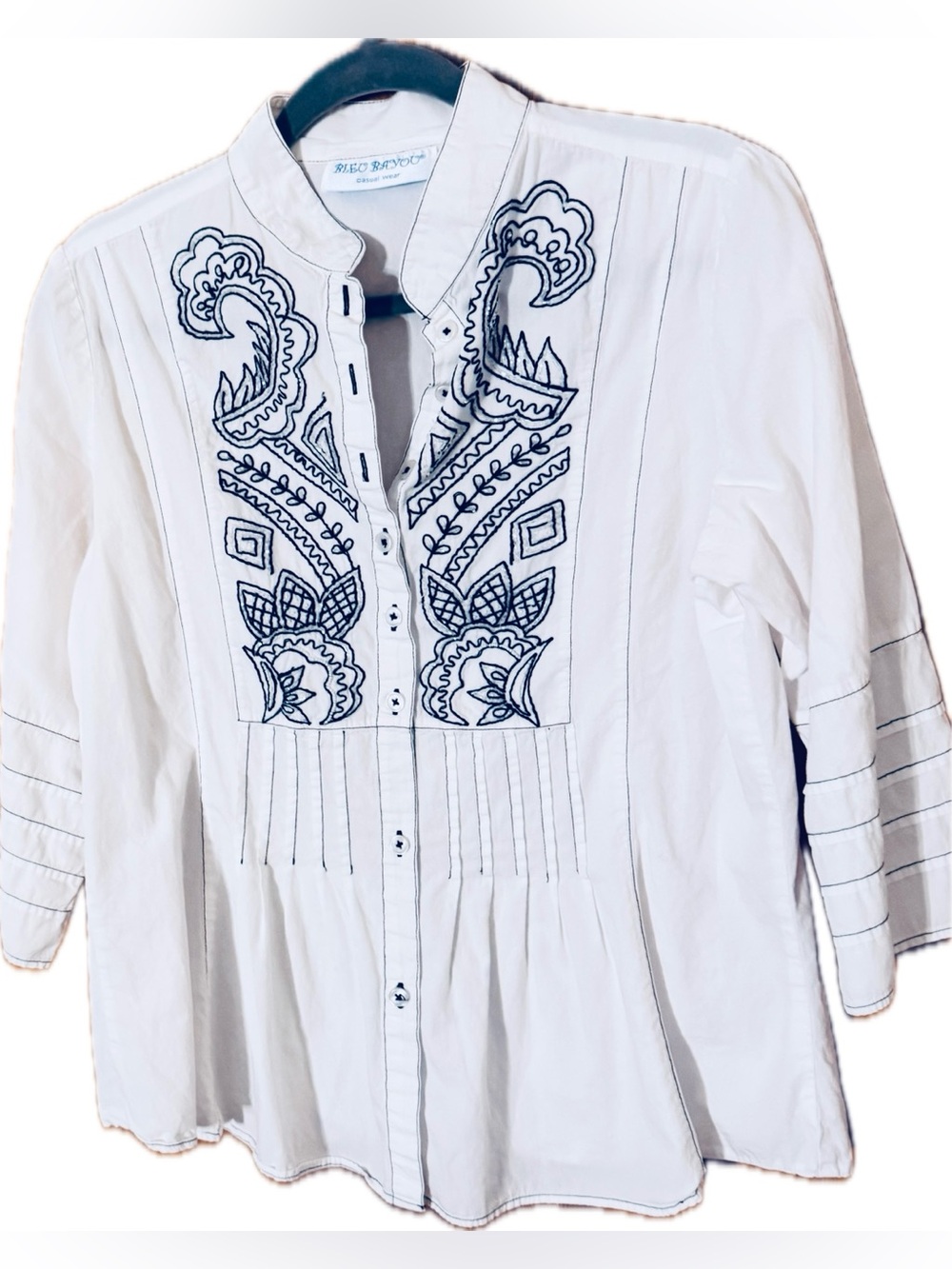 Blue Bayou Embroidered Cotton Tunic Blouse | Size Large | EUC